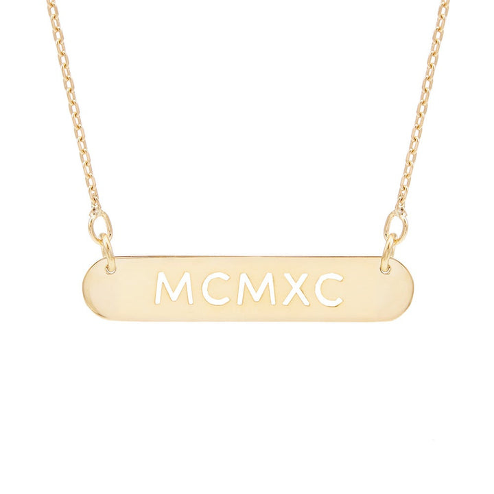 Oval Name Bar Cutout Roman Numeral Gold Necklace