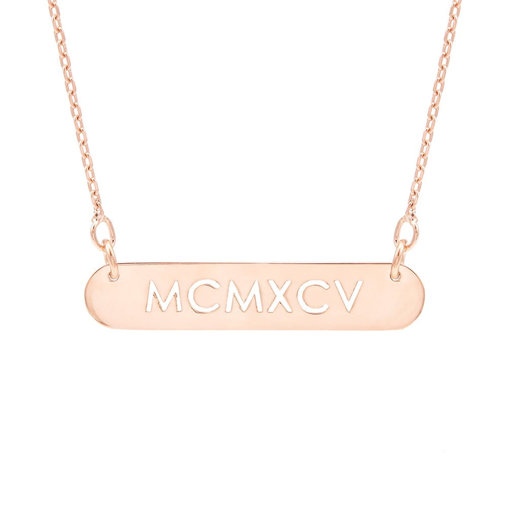 Oval Name Bar Cutout Roman Numeral Rose Gold Necklace