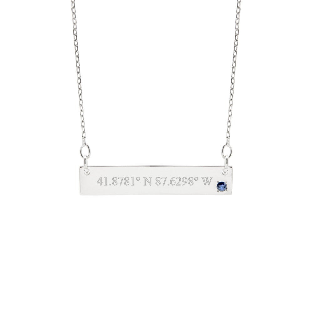 Custom Coordinate 14K White Gold Genuine Birthstone Name Bar Necklace