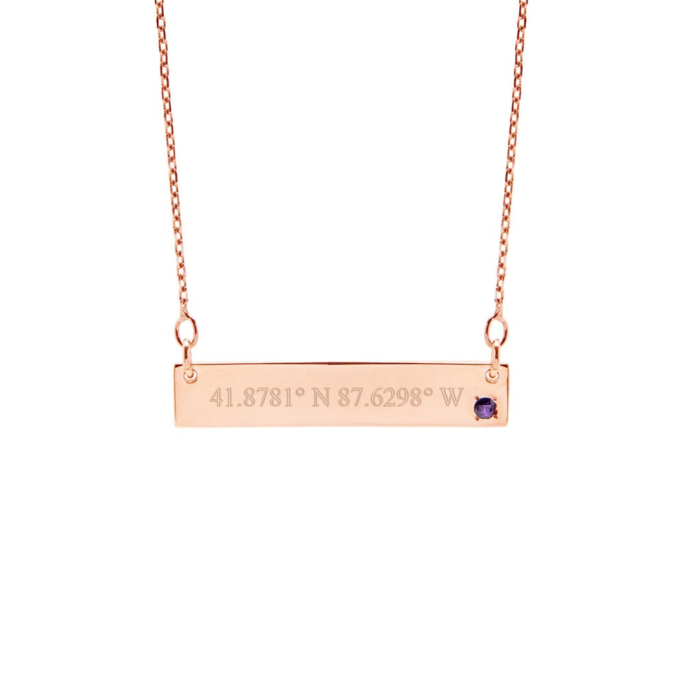 Custom Coordinate 14K Rose Gold Genuine Birthstone Name Bar Necklace