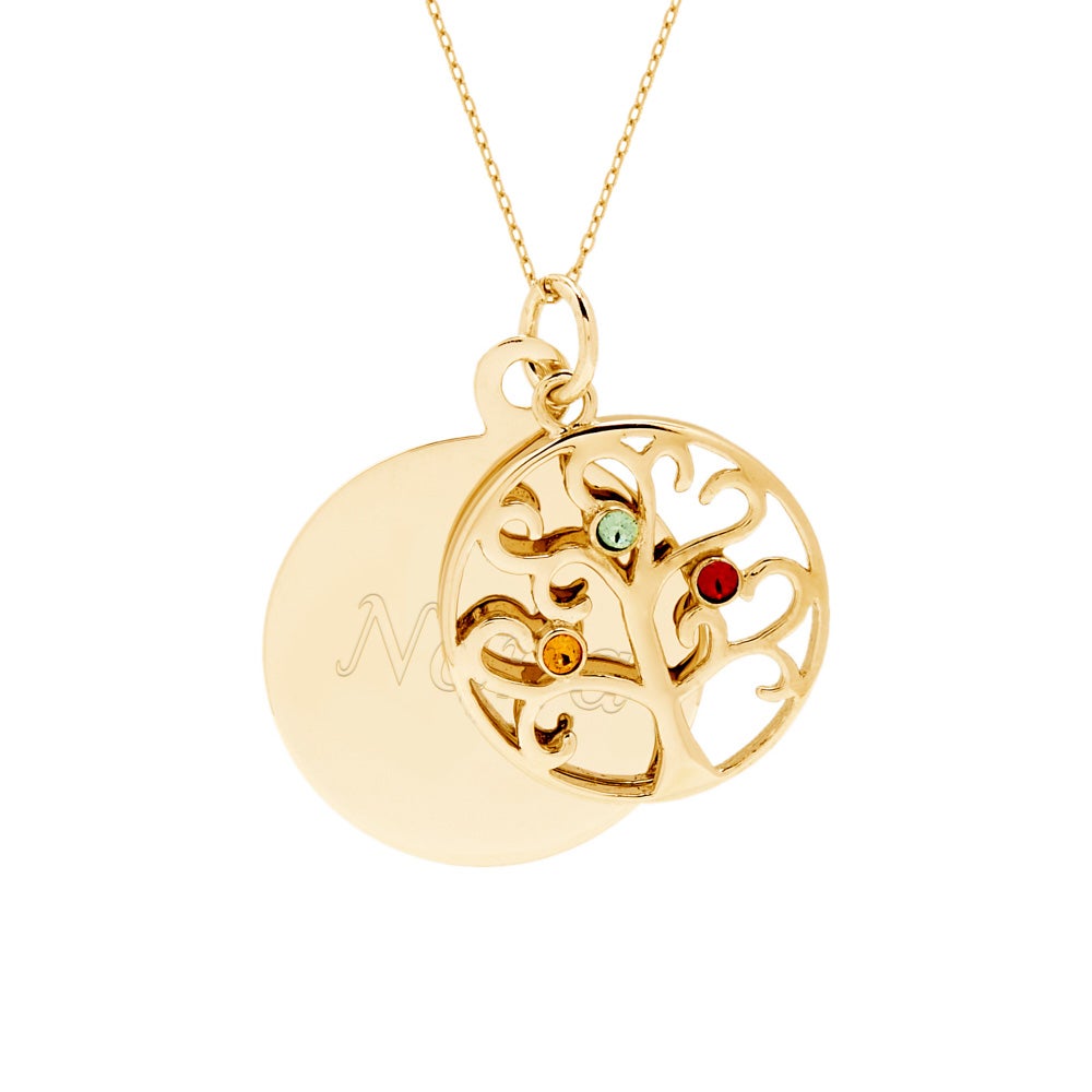 Engravable 3 Stone Gold Birthstone Family Tree Pendant