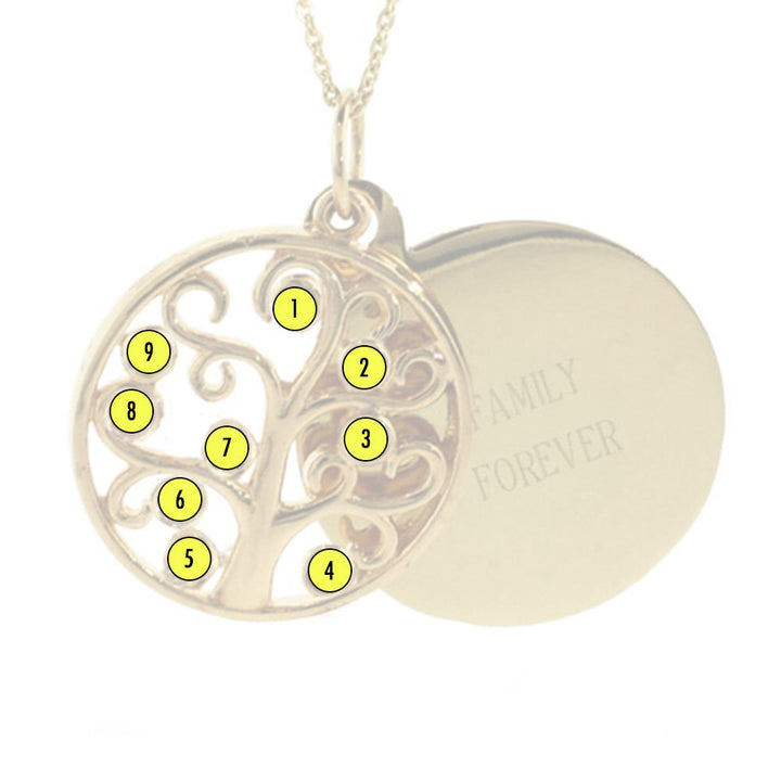 Engravable 9 Stone Gold Custom Birthstone Family Tree Pendant