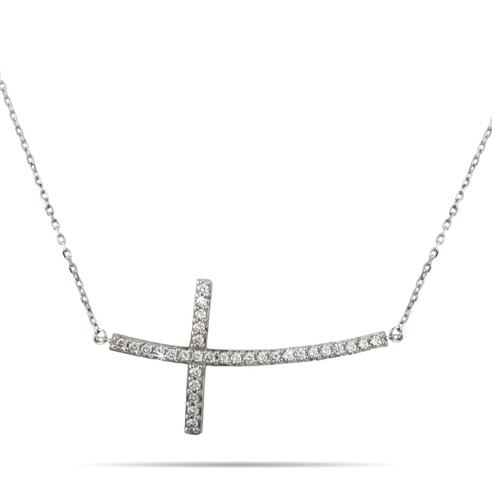 Large Curved CZ Sideways Cross Necklace