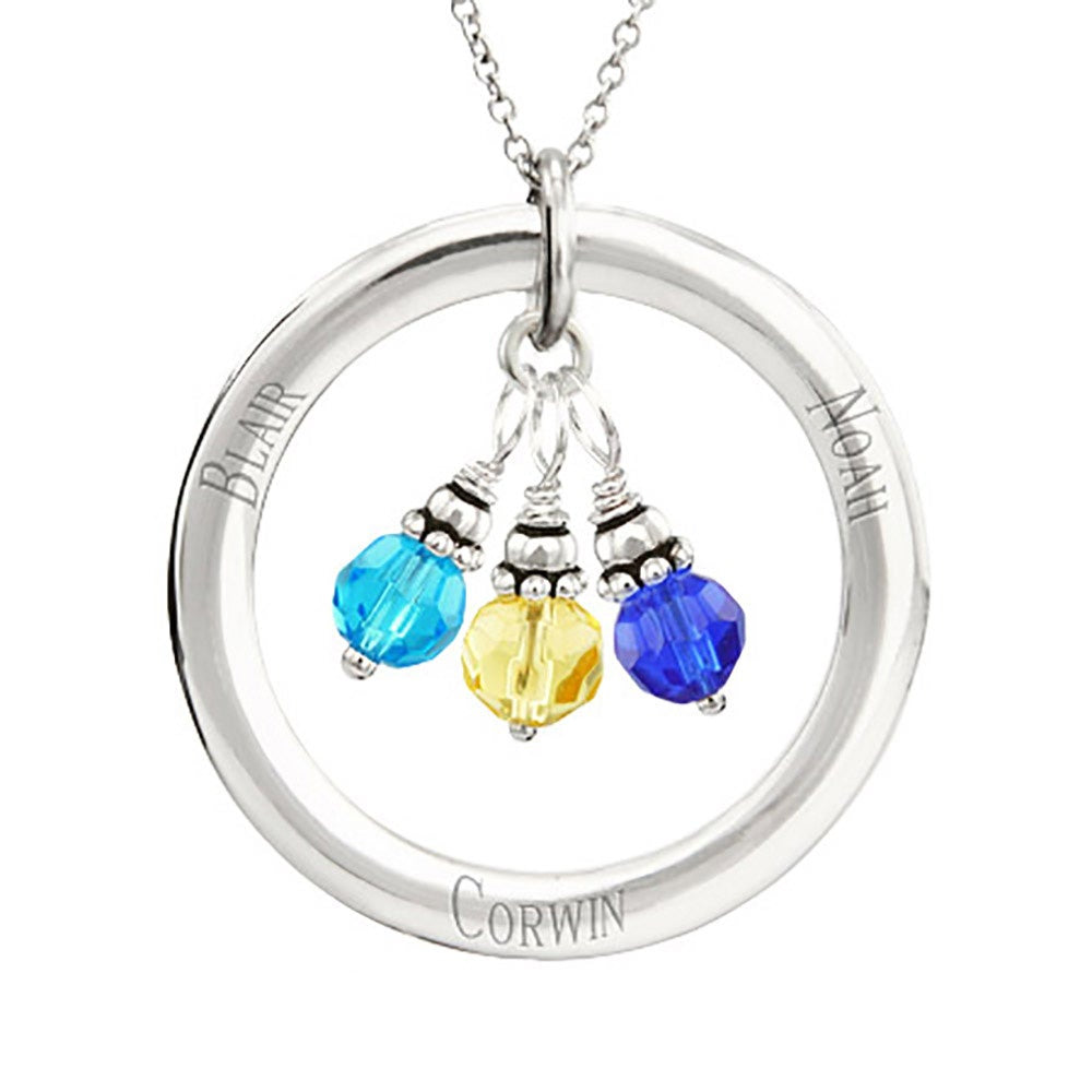 Engraved Circle Pendant with Personalized Dangling Birthstones