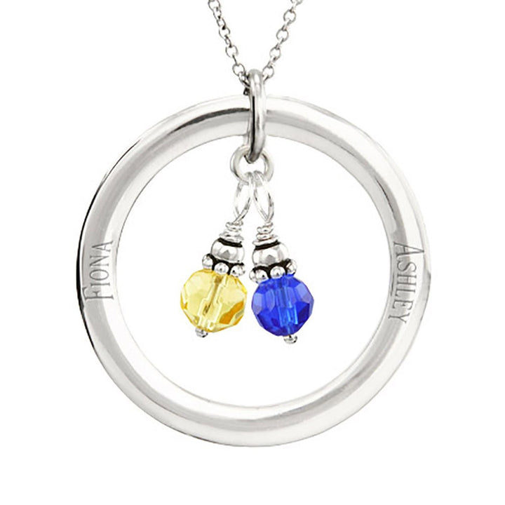 Engraved Circle Pendant with Personalized Dangling Birthstones