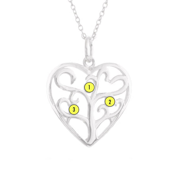 3 Stone Custom Birthstone Heart Family Tree Pendant