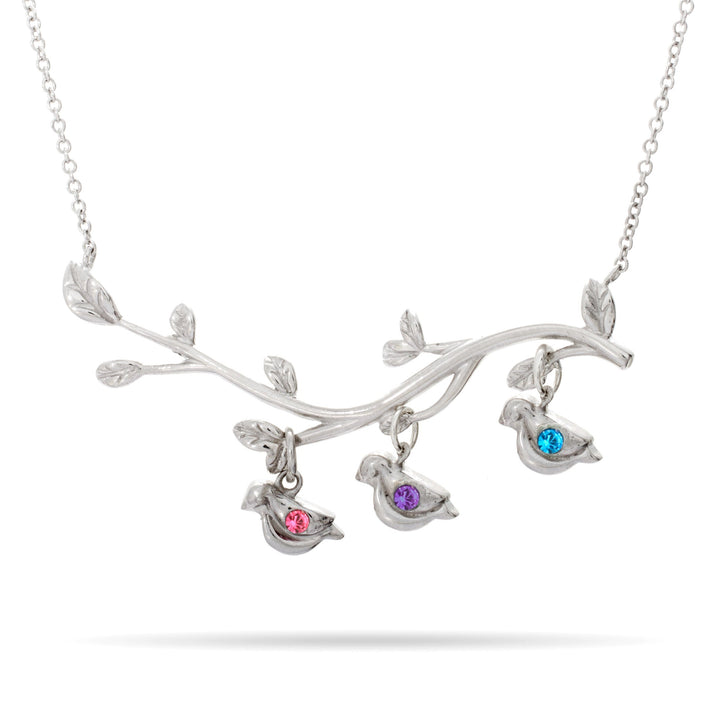 3 Stone Birthstone Birds on Branch Mother's Necklace