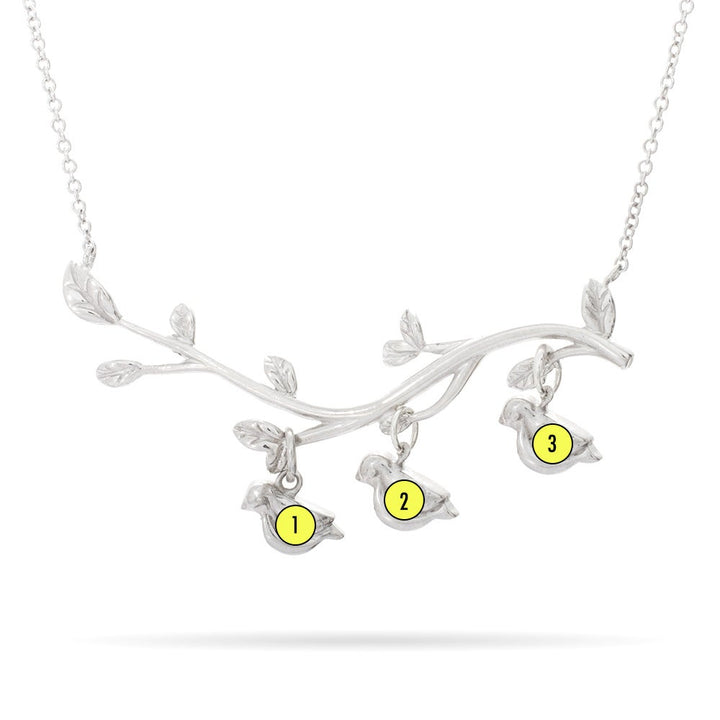 3 Stone Birthstone Birds on Branch Mother's Necklace