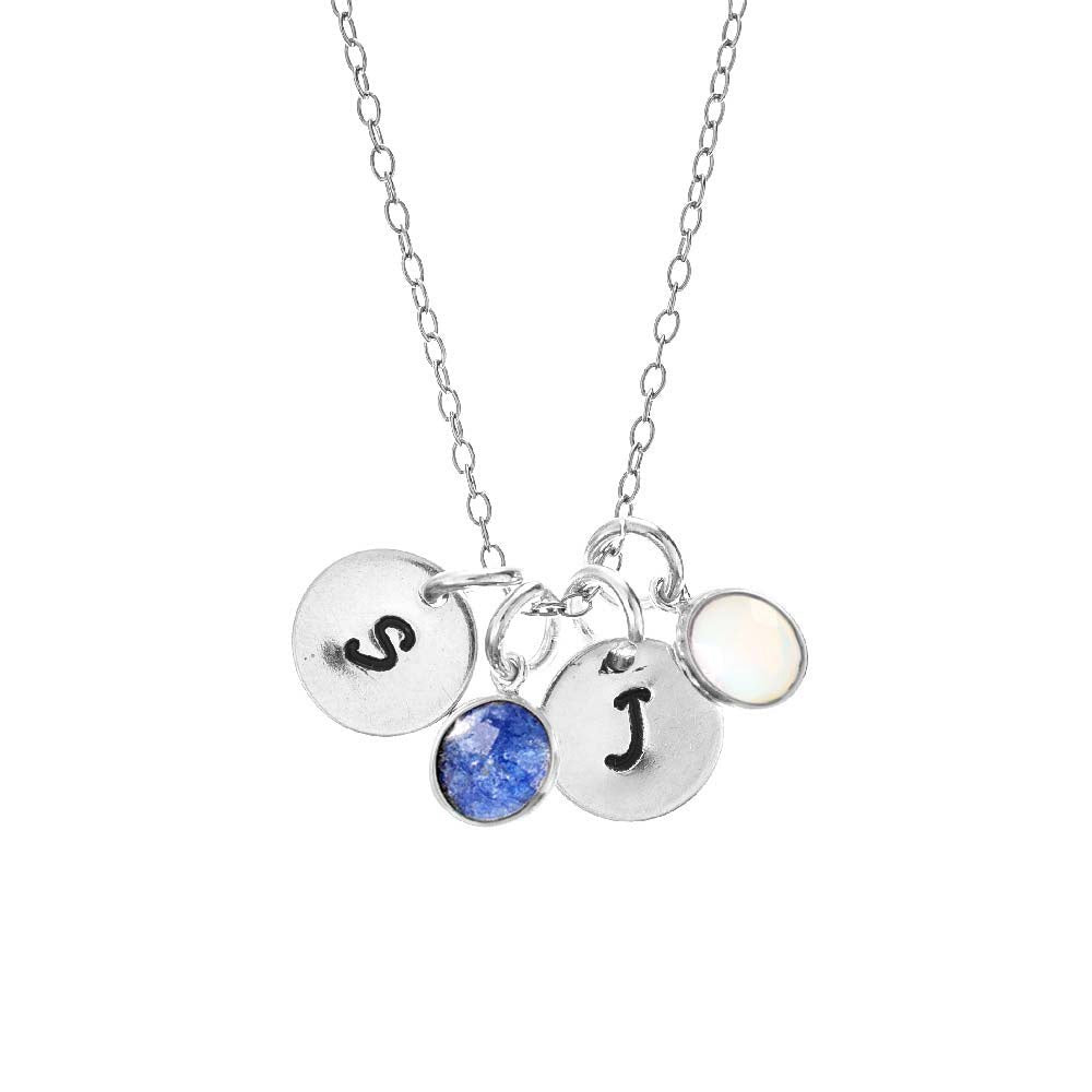 Hand Stamped Sterling Silver Mini Initial Birthstone Necklace