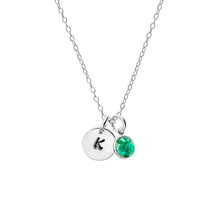 Hand Stamped Sterling Silver Mini Initial Birthstone Necklace