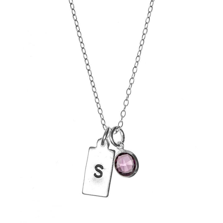 Hand Stamped Silver Rectangle Mini Initial Birthstone Necklace