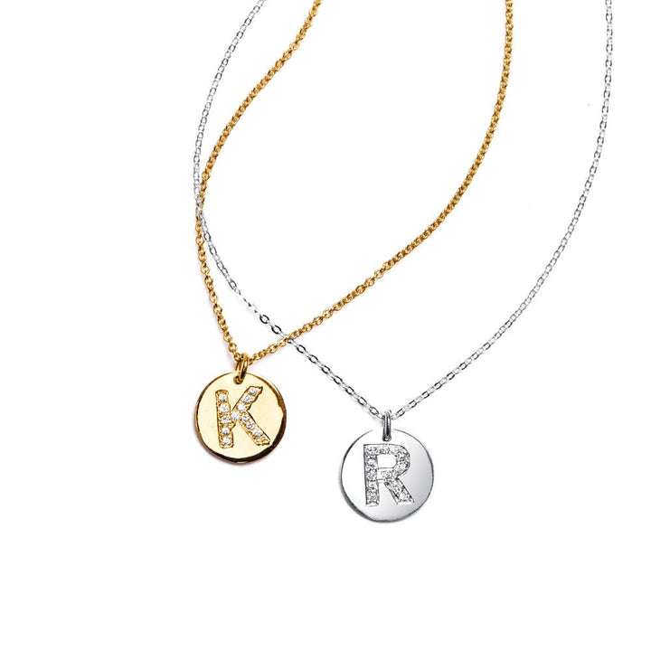 14K White Gold Diamond Initial Disc Necklace