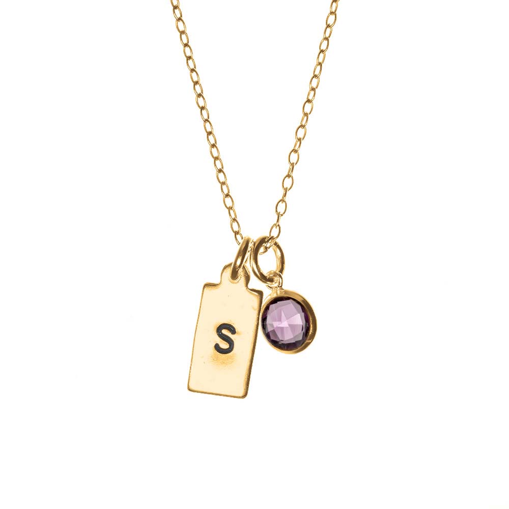 Hand Stamped Gold Rectangle Mini Initial Birthstone Necklace