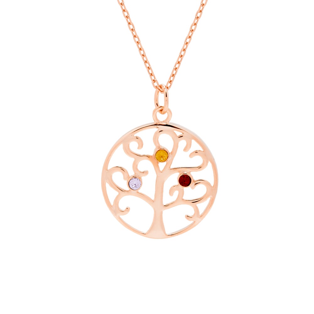 3 Stone Rose Gold Custom Birthstone Family Tree Pendant