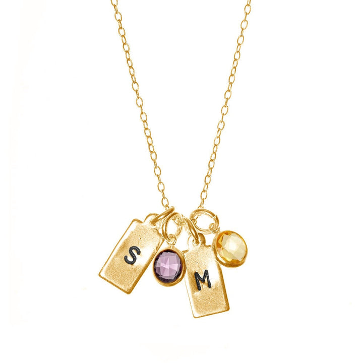 Hand Stamped Rectangle Initial Birthstone Gold Necklace