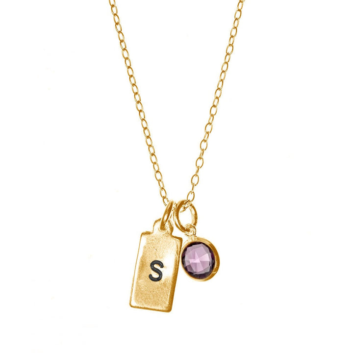 Hand Stamped Rectangle Initial Birthstone Gold Necklace