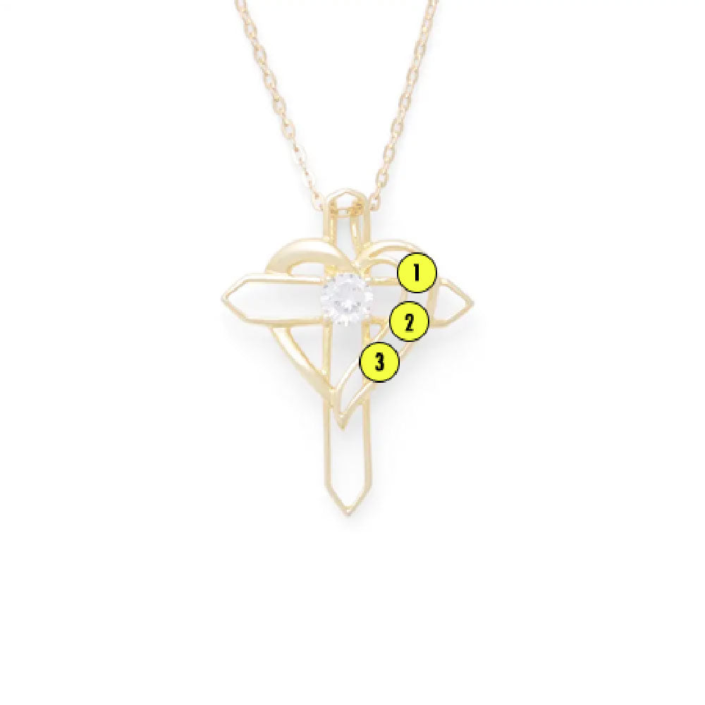 3 Birthstone Heart and Cross Gold Necklace