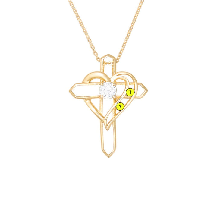 2 Birthstone Heart and Cross Gold Necklace