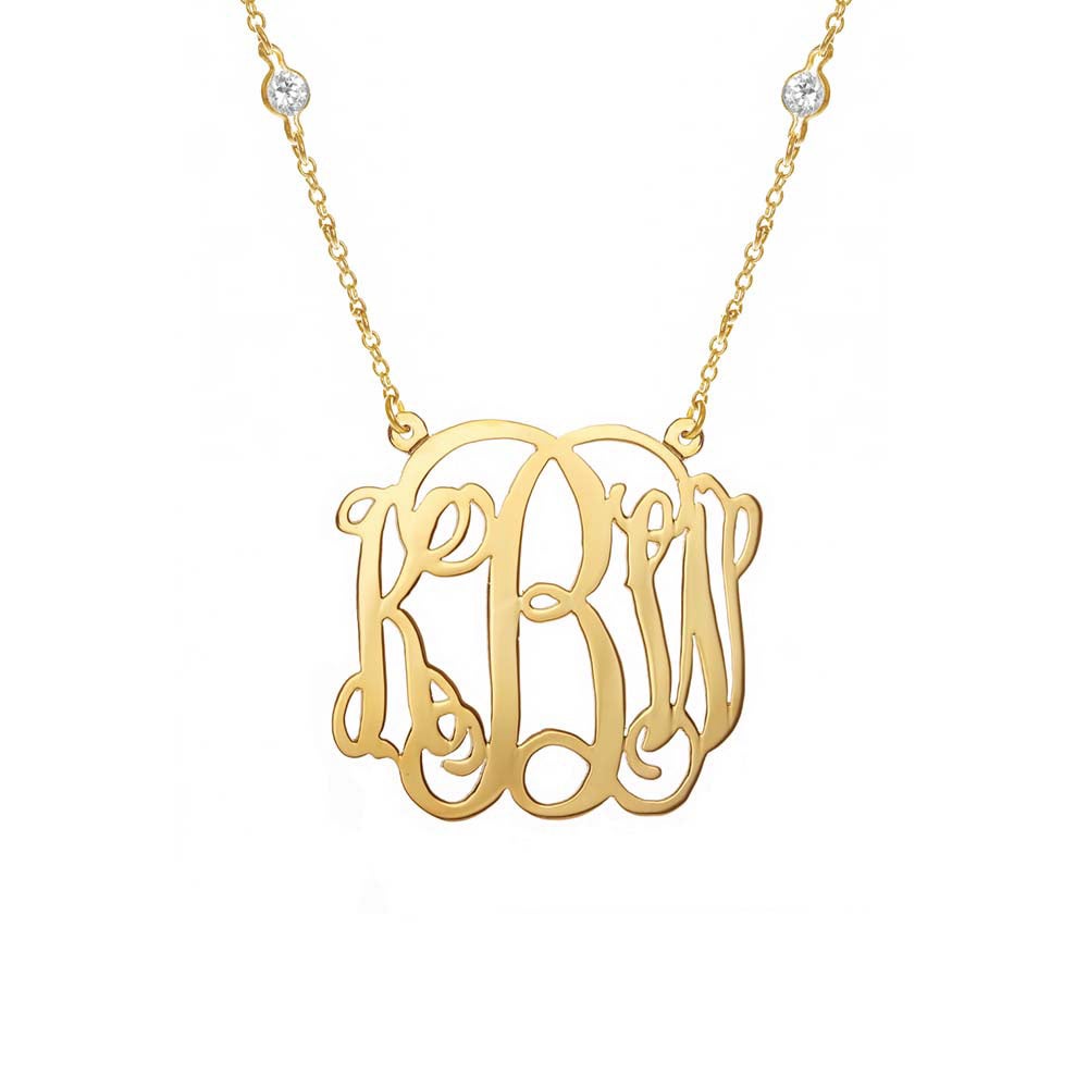 Gold Monogram Necklace with CZ Stud Chain