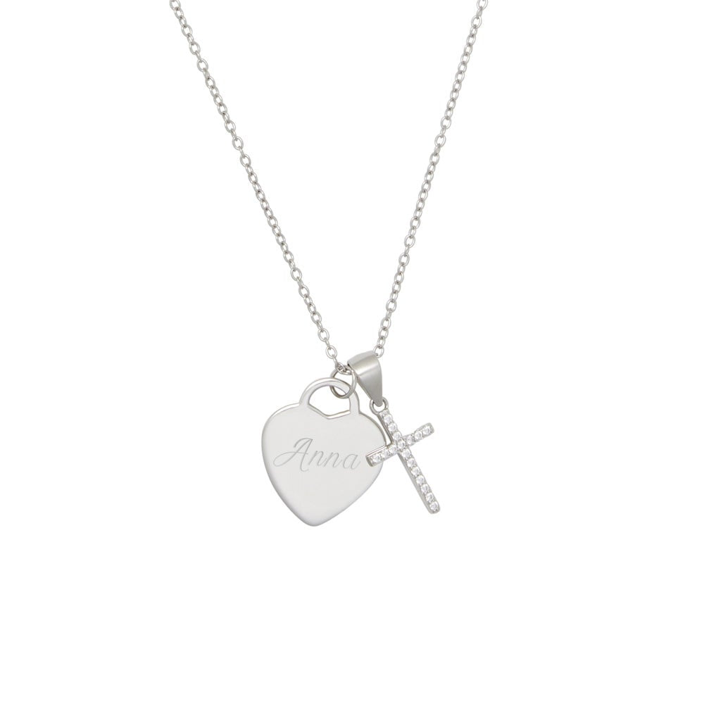 Sterling Silver Engravable Heart with CZ Cross Pendant