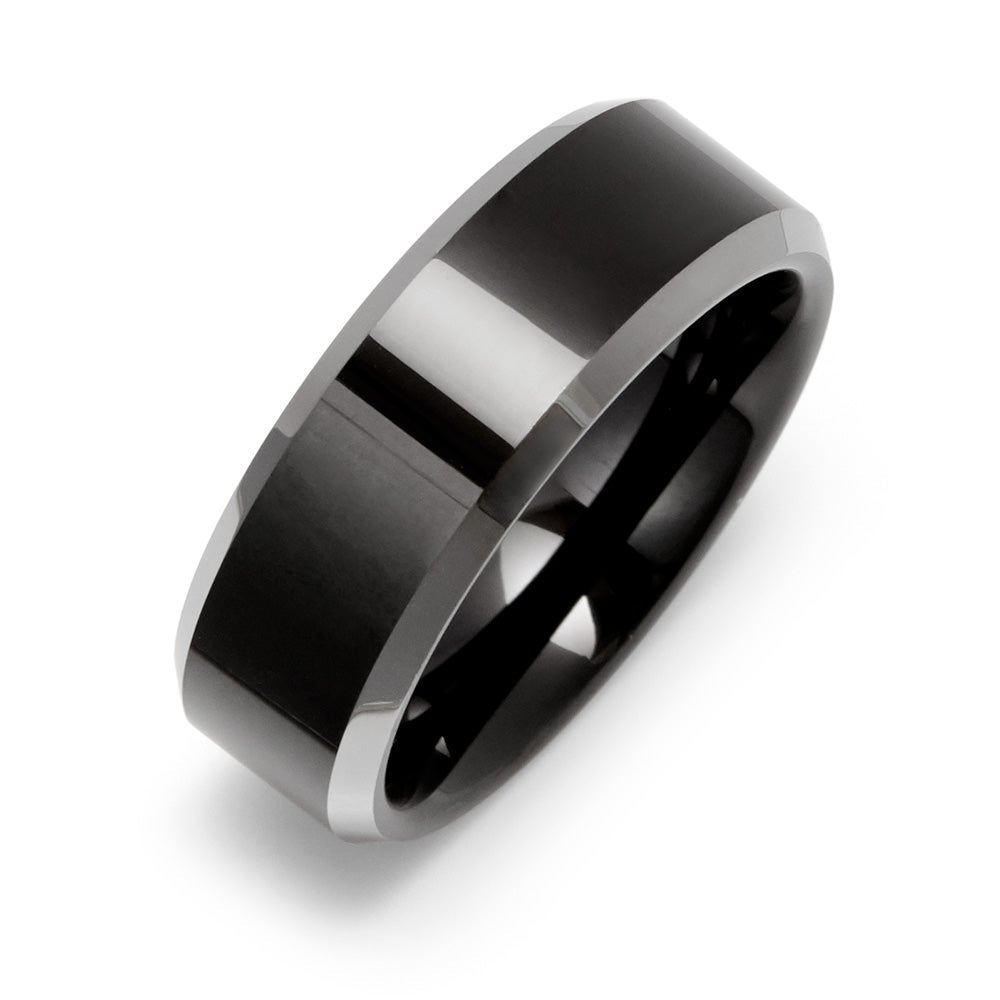 8 mm Black Tungsten Ring with Silver Beveled Edges