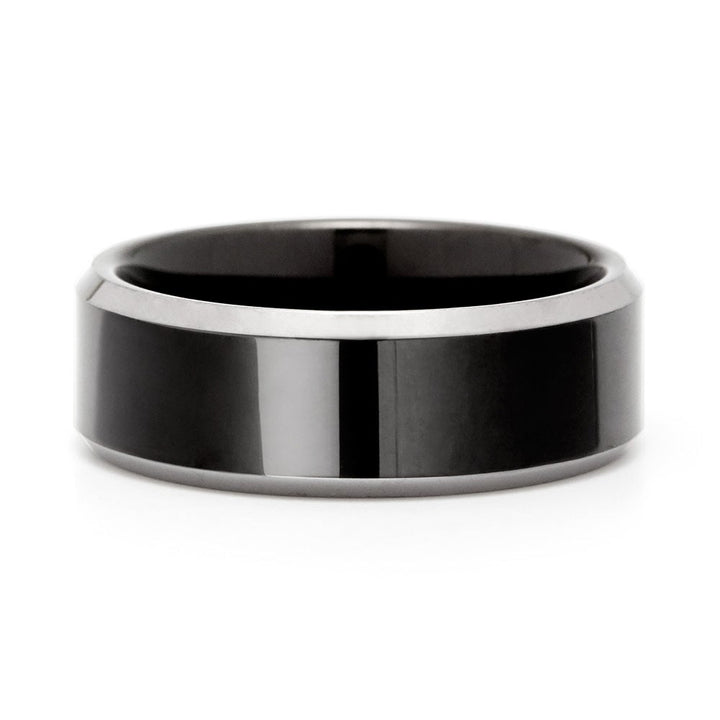 8 mm Black Tungsten Ring with Silver Beveled Edges