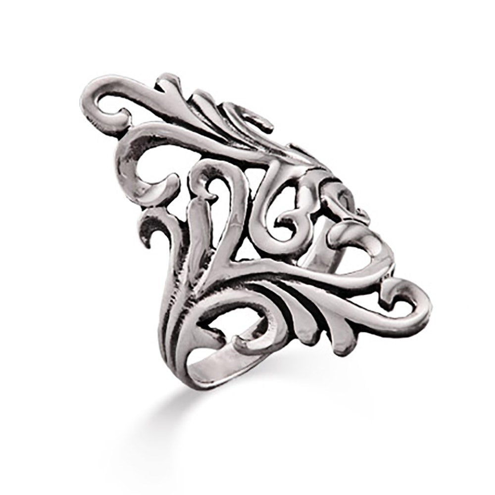 Long Ornate Design Sterling Silver Ring