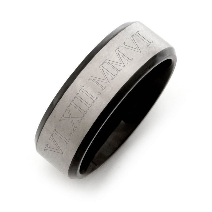 Men's Custom Roman Numeral Brushed Silver and Black Titanium Band