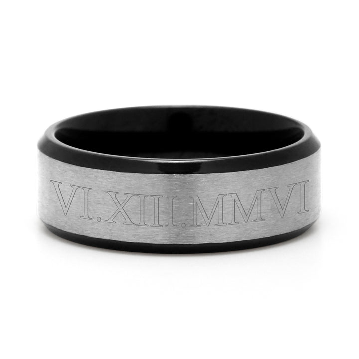 Men's Custom Roman Numeral Brushed Silver and Black Titanium Band