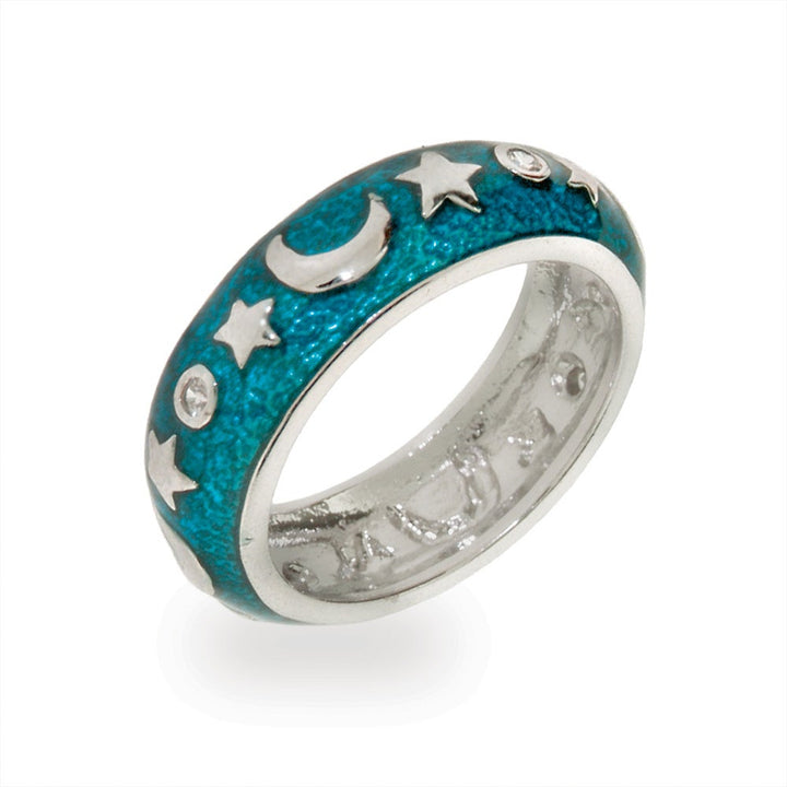 Designer Inspired Moon and Stars Blue Enamel Ring