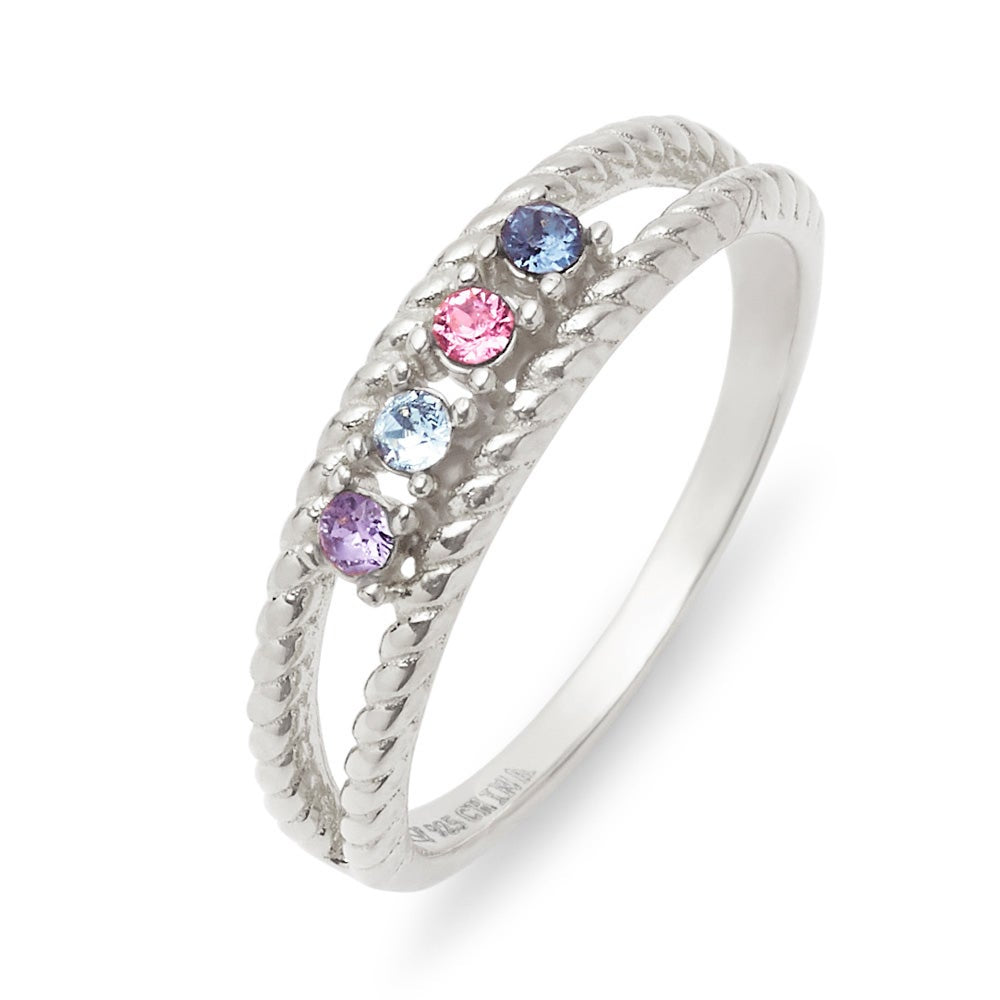 Four Stone Birthstone Twisted Rope Silver Family Ring