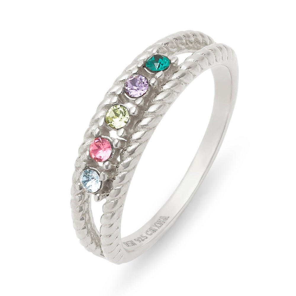 Five Stone Birthstone Twisted Rope Silver Family Ring