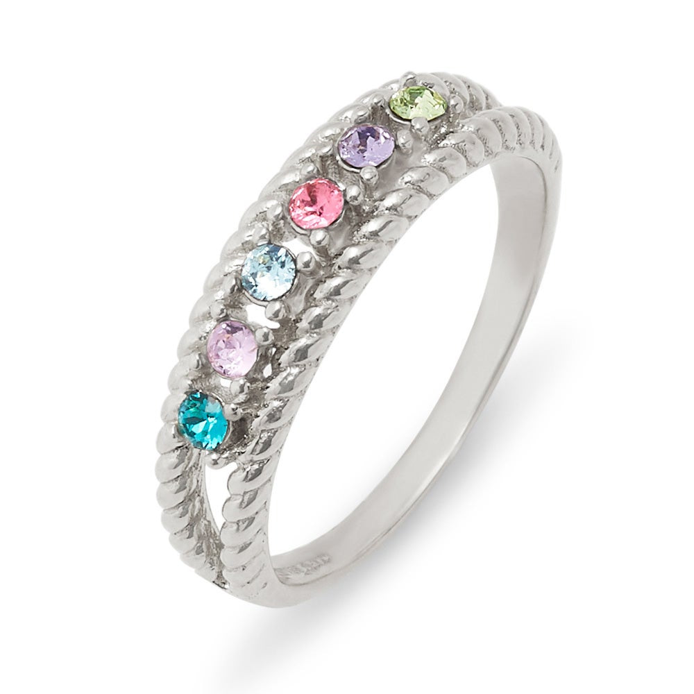 Six Stone Birthstone Twisted Rope Silver Family Ring