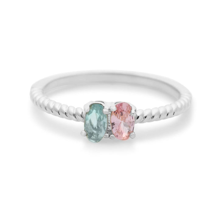 Two Stone Oval Birthstone Silver Twisted Rope Ring