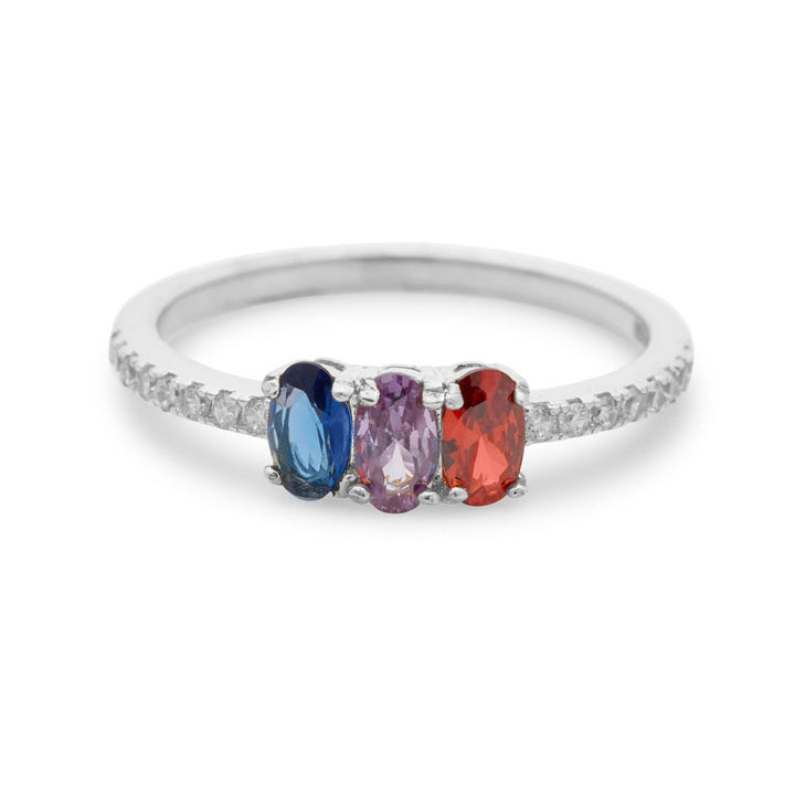 Three Stone Oval Birthstone Pave Band Silver Ring